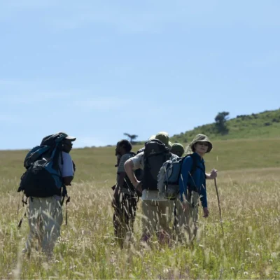 Group of backpackers takes a short break on a grassy plain in Tanzania.