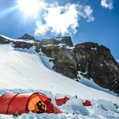 A snowy campsite high up in the mountains of Patagonia.