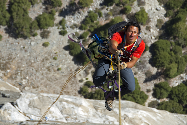 Jimmy Chin in action, climbing and filming Free Solo