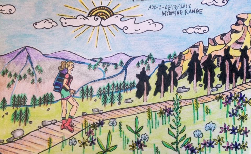 Drawing of woman hiking on a trail
