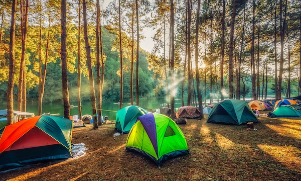 tents clustered near trees along the water with morning sun