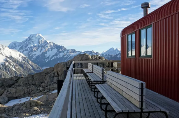 Mountains and the deck of Mueller Hut in New Zealand Mountains and the deck of Mueller Hut in New Zealand