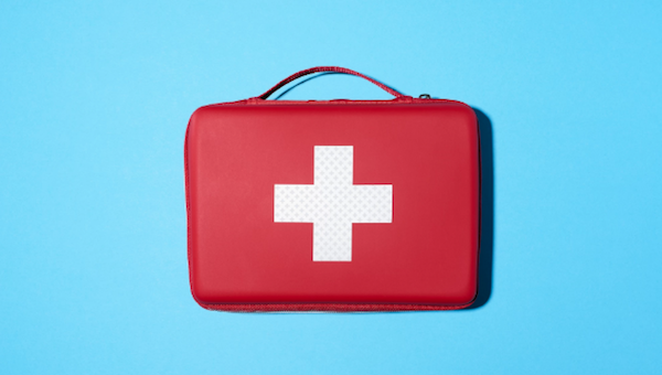 Red med kit with white cross logo