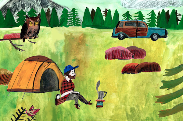 "Camping Alone" artwork: man beside a tent with trees, mountains, and whimsical owl