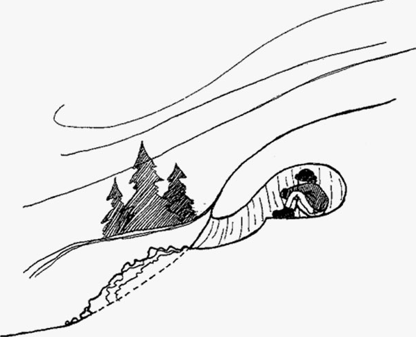 line drawing of a person in a snow cave