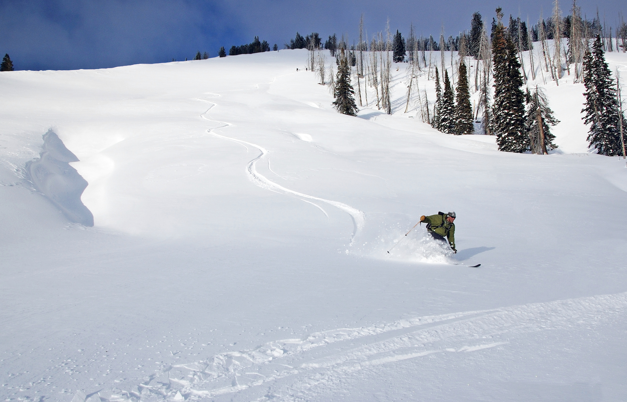 NOLS participant backcountry skis down a slope in a spray of powder