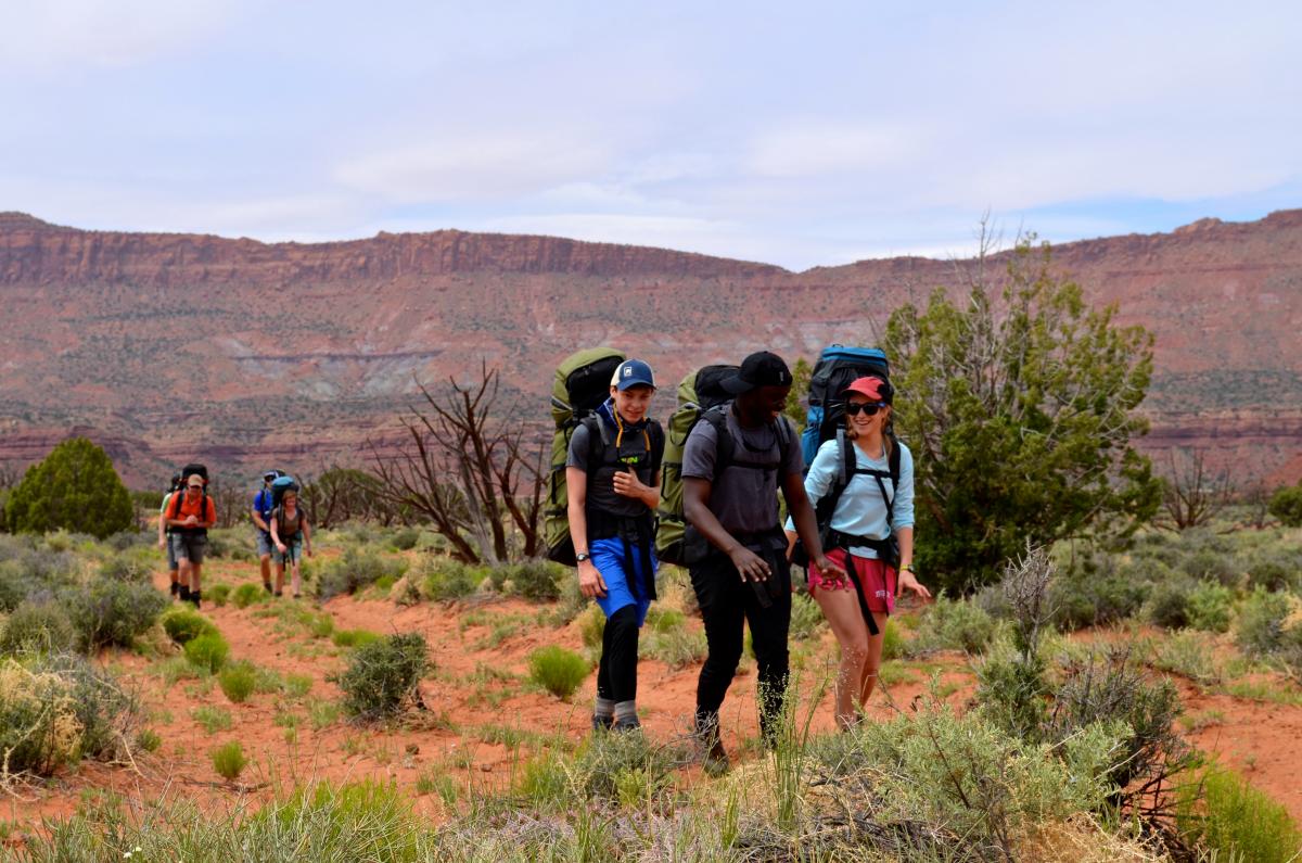 Hikers on a trail with redrock canyons and desert plants