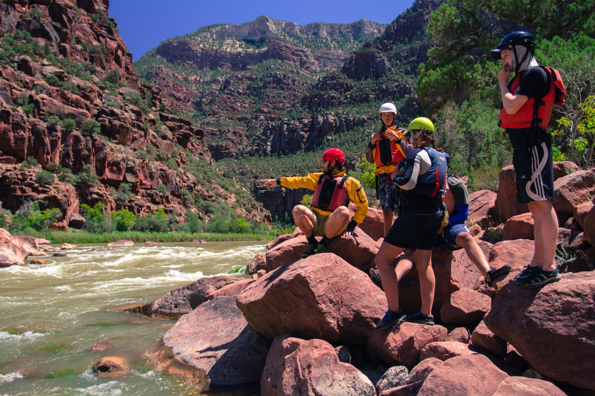 Group scouting a rapid from the bank of the river