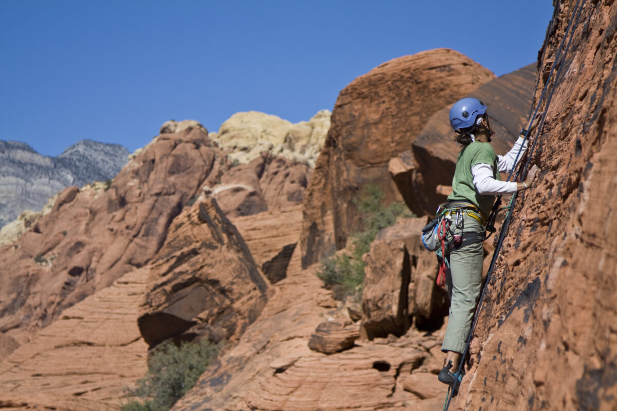 Student Meagan Johnson climbing, Red Rocks, Nevada.