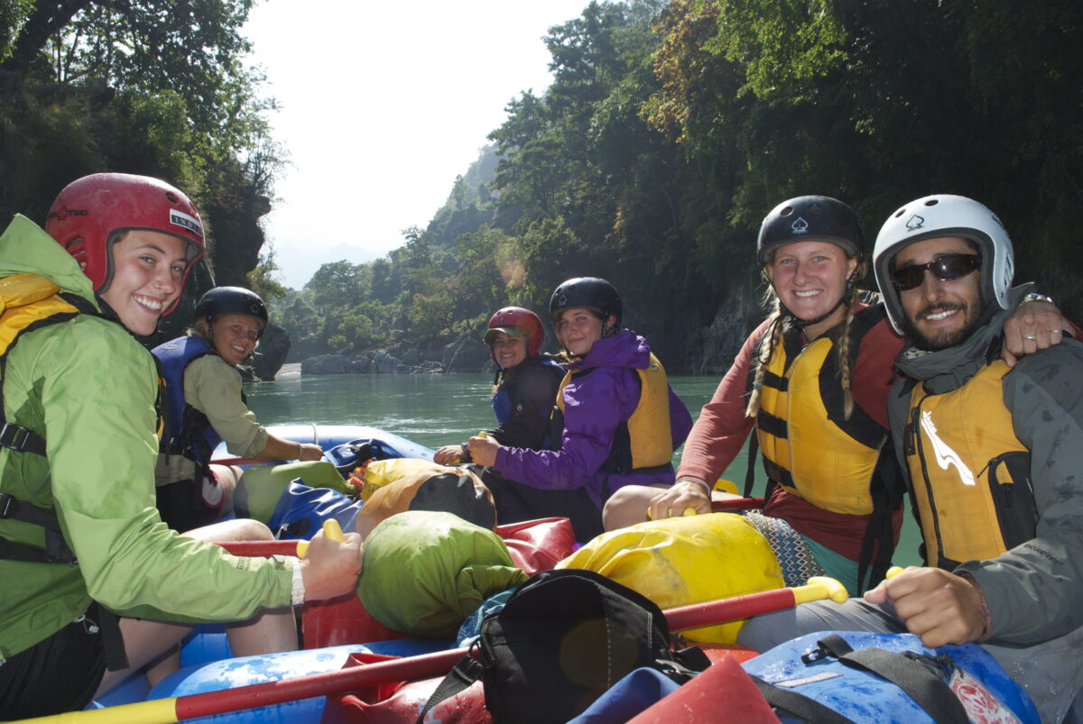 Students enjoying the calm section on the Kali river rocky