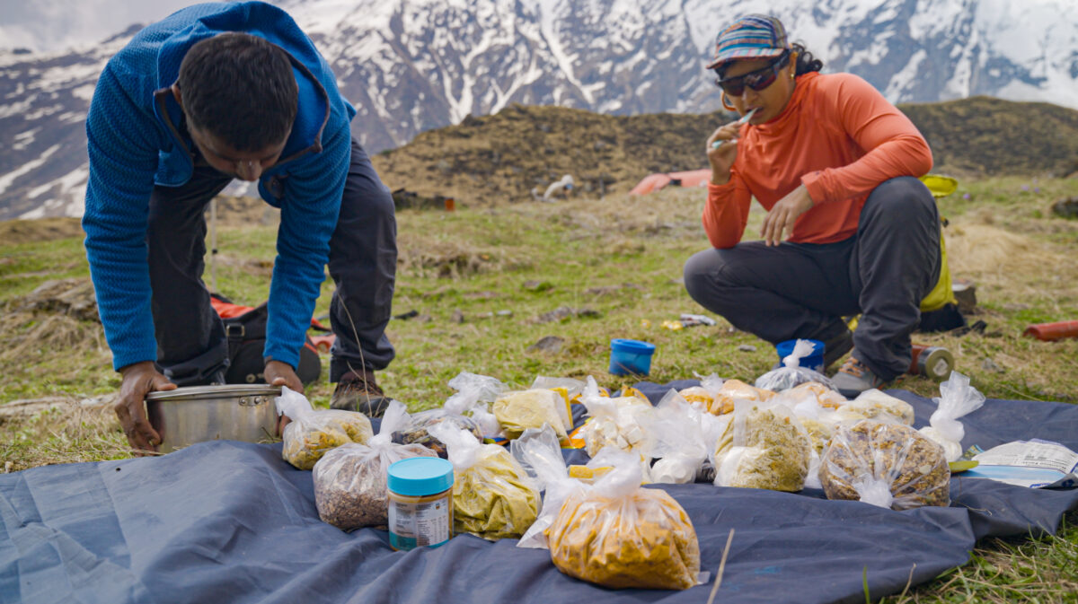 Bharat and Prerna arranging food to take up to the advance base camp.