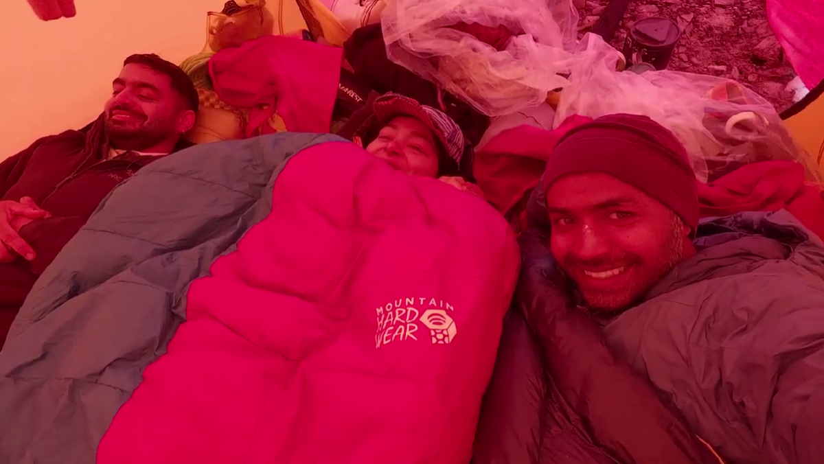 The team inside the tent at ABC (Prerna feeling extra cold of course!).