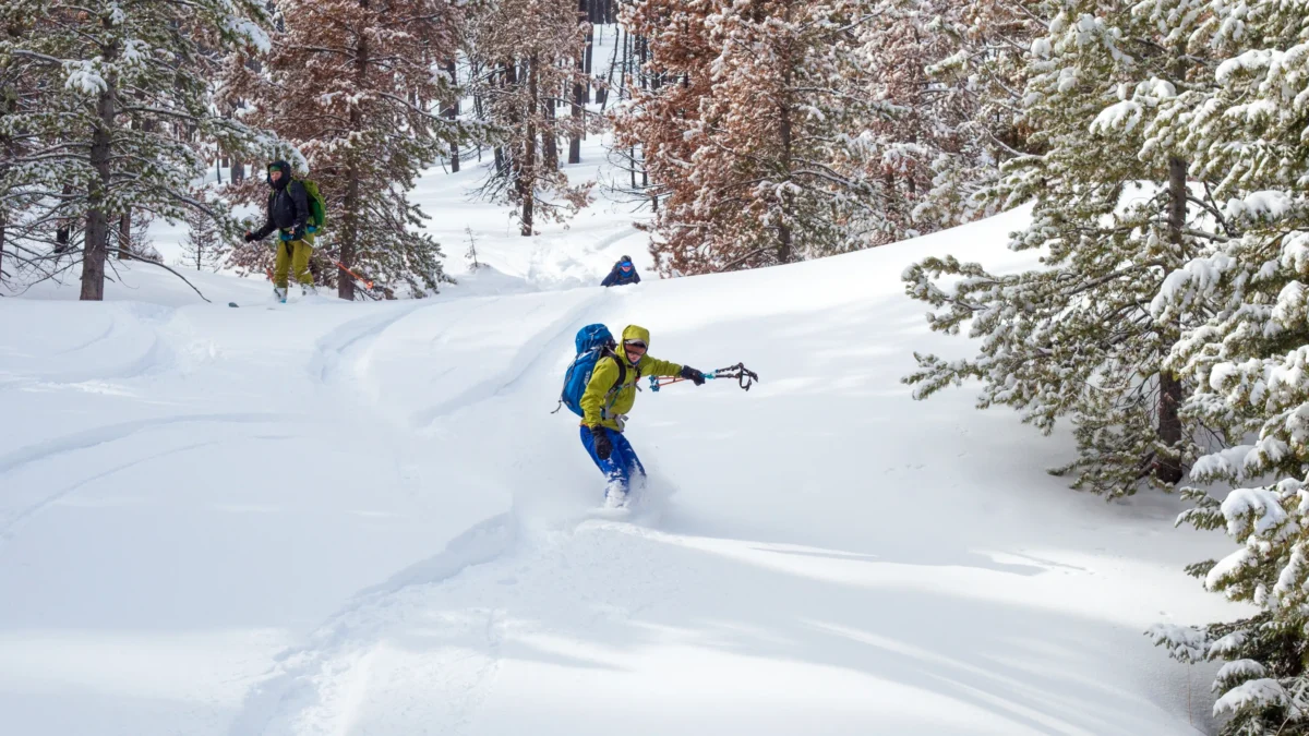 several people in winter clothes ski down a mellow slope through deep snow