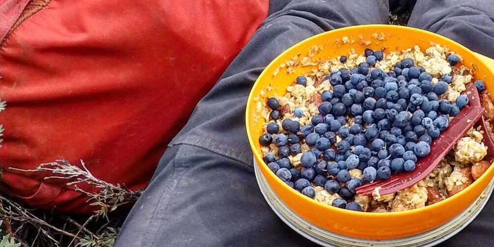 Enjoying a freshly picked addition to breakfast in the Chugach Mountain Range in Alaska.